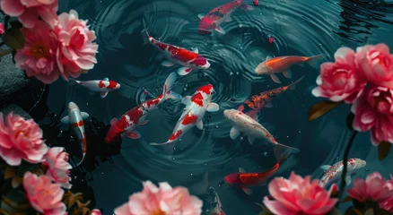 Foto op Canvas A group of koi fish swimming in the water, surrounded by blooming pink flowers © Kien