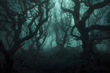 Ominous Fog-Enshrouded Forest Path Disappearing into Eerie Darkness
