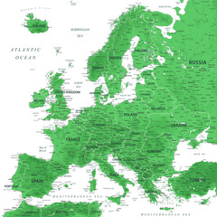 Europe - Highly Detailed Vector Map of the Europe. Ideally for the Print Posters. Emerald Sapphire Green Grey Colors. Relief Topographic - obrazy, fototapety, plakaty