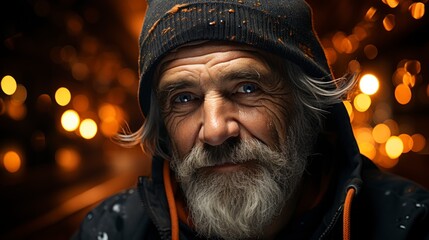  An elderly man with a long white beard and a black beanie hat stands in the foreground. He looks contemplative, his weathered face reflecting a life lived. - Powered by Adobe