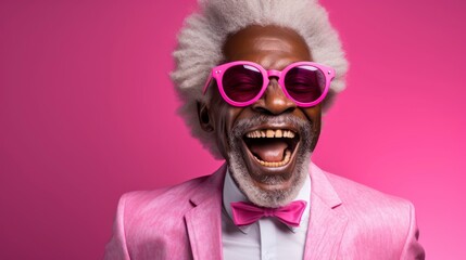  A man wearing a bright pink suit and matching sunglasses stands confidently. His outfit exudes boldness and individuality, making a striking visual statement.