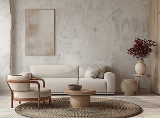 Beige boho interior design of a modern living room with textured wall