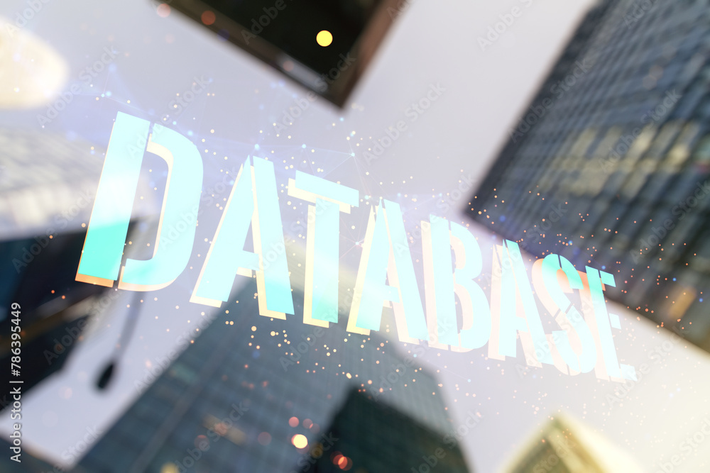 Aufkleber double exposure of database word sign on office buildings background, global research and analytics 
