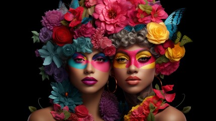  Two women with vibrant makeup and floral headdresses on their heads are posing for a photo. Their colorful and intricate designs stand out against their skin, creating a striking visual contrast.
