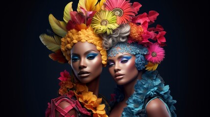 Naklejka premium Two women with vibrant, colorful hair are pictured with flowers on their heads. They are showcasing their unique hairstyles and accessories for a festive or artistic event.