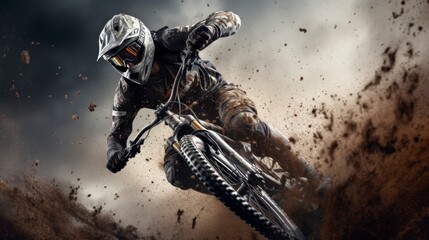  A man is seen riding a dirt bike on top of a vast dirt field. The dirt bike kicks up dust as the rider navigates through the rugged terrain, showcasing speed and skill in action. - Powered by Adobe