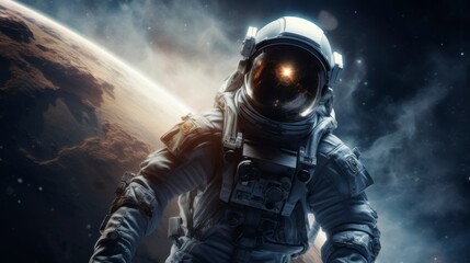 A man in a space suit stands confidently in the foreground as a large, distant planet looms ahead. The astronaut appears ready for exploration in the vastness of space.