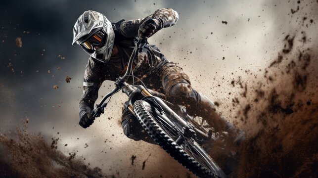  A man is seen riding a dirt bike on top of a vast dirt field. The dirt bike kicks up dust as the rider navigates through the rugged terrain, showcasing speed and skill in action.