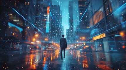Young man walking on the city street with skyscrapers at sunset with abstract bokeh light.