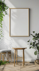 Mockup poster blank frame hanging above a Side Table in aliving room, modern interior minimalist style