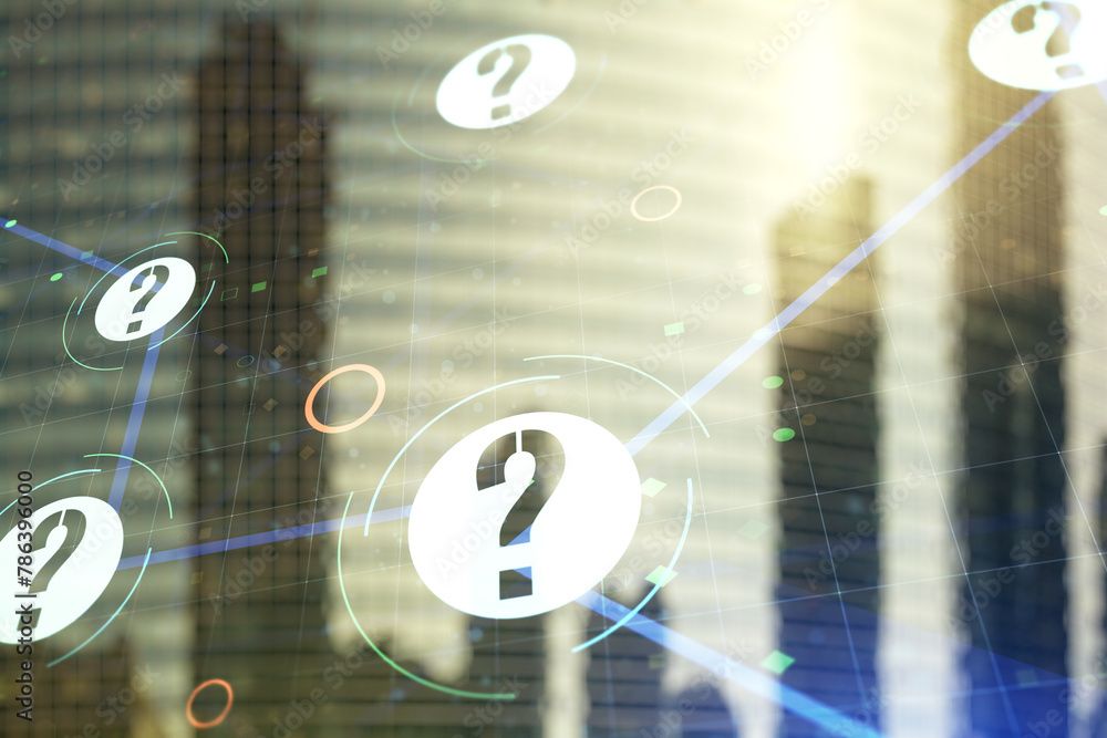 Aufkleber abstract virtual question mark illustration on office buildings background. faq and search concept. 