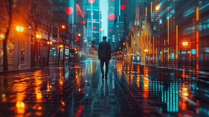 Picture of businessman wearing suit walking on the city street alone with bokeh light overlay - obrazy, fototapety, plakaty