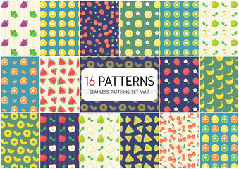 【シームレスパターン16種類セット】オレンジやさくらんぼ スイカ りんご バナナなどのおしゃれでポップなフルーツパターン背景素材（背景色は変更可）