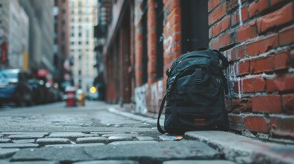 A school bag propped against a brick wall in a busy urban alleyway, amidst bustling city life.