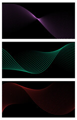 Set of abstract backgrounds with waves for banner. Medium banner size. Vector background with lines. Element for design. Brochure, booklet. Black, green, pink, red