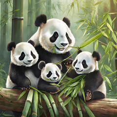 Obraz premium 앉아서 대나무를 먹고 있는 팬더곰 엄마 1마리와 새끼 2마리, 사실적인.