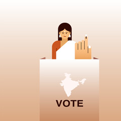 Illustration of an Indian woman showing her hand with electoral stain after casting vote.Concept of election in India