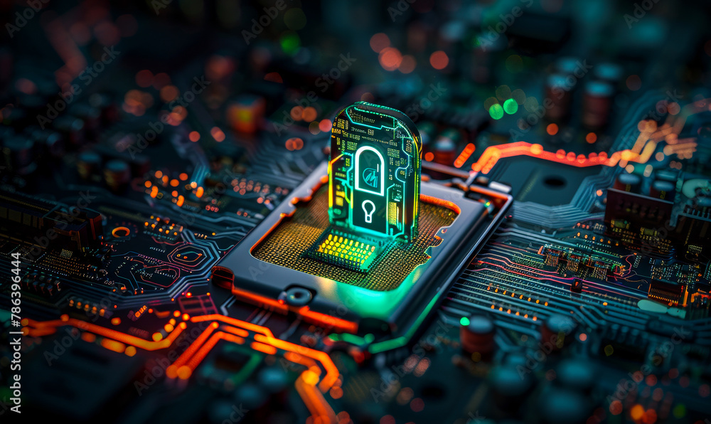 Poster cybersecurity computing motherboard lock login verification concept technology banner