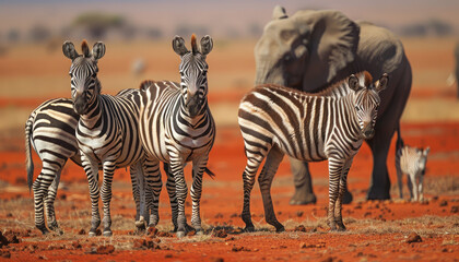 A group of zebras and elephants in the African savannah, with red soil under their feet.
