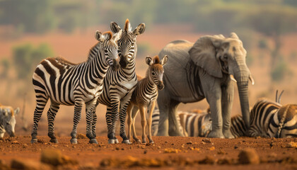 A group of zebras and elephants in the African savannah, with red soil under their feet. - obrazy, fototapety, plakaty