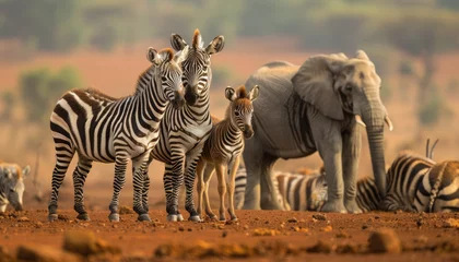 Fotobehang A group of zebras and elephants in the African savannah, with red soil under their feet. © Kien