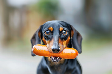 portrait of a dachshund with a hot dog in his mouth