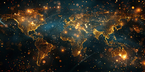 Glowing World Map with Sparkling Lights and Illustrations on Dark Background in the Night - obrazy, fototapety, plakaty