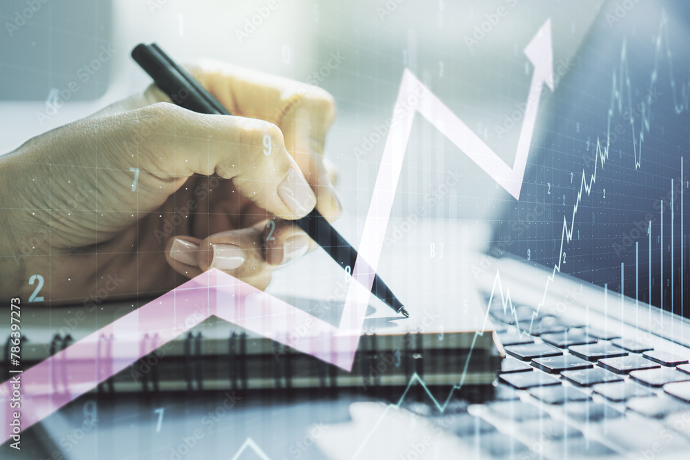 Poster multi exposure of abstract creative financial chart with upward arrow and hand writing in notebook o