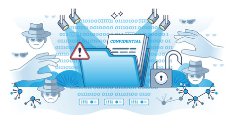 Sensitive data exposure with confidential document leakage outline concept. Information loss after cyber attack from hackers vector illustration. Exposed files on internet because of weak security. - obrazy, fototapety, plakaty