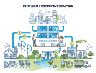 Foto op Plexiglas Renewable energy integration and sustainable power usage outline concept. Electrification and green electricity consumption from solar panels and wind turbines vector illustration. Clean city power. © VectorMine