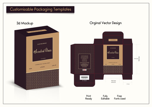 Perfume Packaging design, luxury box design template, Box die line, 3d Box Mockup, and Design elements. Illustration Vector design Template.	