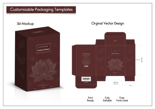 Elegant box packaging design of luxury products 3d Box Packaging Design Box die line for perfume, soap, wine, anlotion, Made with golden foil, Isolated on brown background vector illustration  Design.