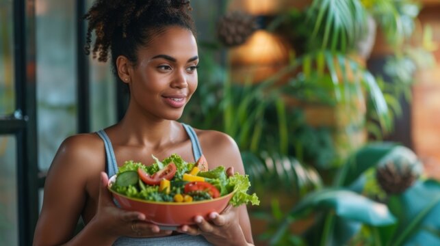A fit woman holds a bowl of fresh salad, reflecting a post-workout nutrition routine