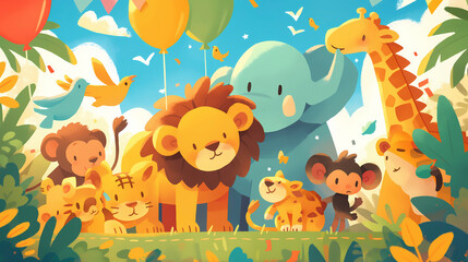 Cute cartoon animals with balloons in the jungle. Vector illustration.