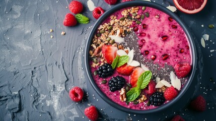 A rich berry smoothie bowl garnished with strawberries, blackberries, raspberries, granola, chia,...