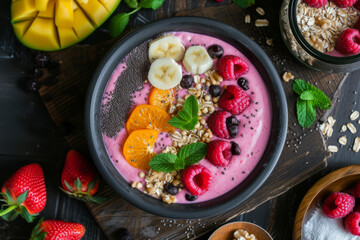 A nutrient-packed smoothie bowl topped with banana slices, mandarin oranges, raspberries, granola,...
