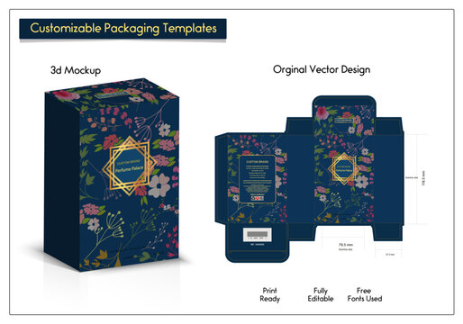Packaging box design for Product of luxury products mockup 3d Box Packaging Design Box die line for perfume, soap, wine, lotion, Made with golden foil, Isolated on brown background vector illustration