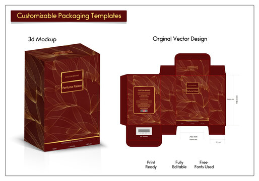Packaging box design for Product of luxury products mockup 3d Box Packaging Design Box die line for perfume, soap, wine, lotion, Made with golden foil, Isolated on brown background vector illustration
