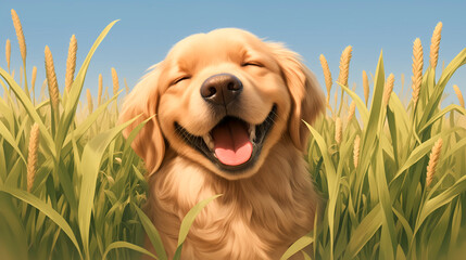 Cute Golden Retriever in a field of wheat - obrazy, fototapety, plakaty