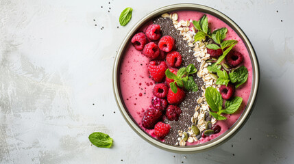 A delightful smoothie bowl with raspberries, a mix of seeds, oats, and mint leaves on a white speckled surface