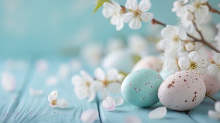 Obraz na płótnie Canvas Pastel Easter eggs nestled among delicate cherry blossoms on a soft blue wooden background