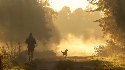 An early morning jog in the mist, where a person and their dog enjoy the tranquility and rhythm of their shared routine, strengthening their connection.