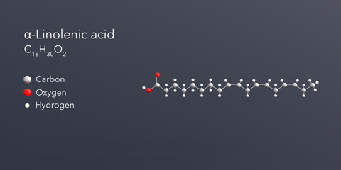 a-linolenic acid molecule 3d rendering, flat molecular structure with chemical formula and atoms color coding