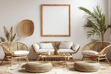 stylish living room with mock up poster frame and rattan furniture 3d illustration - obrazy, fototapety, plakaty