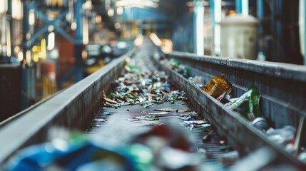 A conveyor belt carries a plethora of materials, ready for sorting at a bustling recycling plant - obrazy, fototapety, plakaty