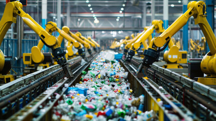 Automated recycling facility where robotic arms meticulously sorts recyclables. Intersection of technology and sustainability, efficiency in waste management