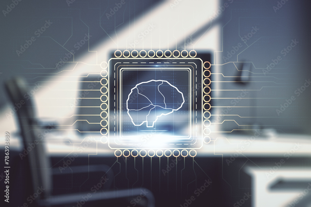 Poster double exposure of creative human brain microcircuit and modern desk with computer on background. fu