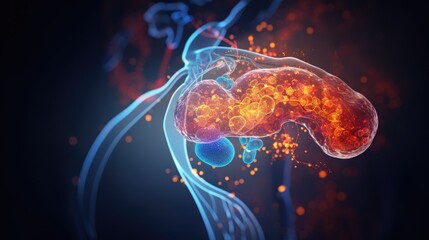 A 3D illustration of the human pancreas, detailing its role in insulin production, used in diabetes research - obrazy, fototapety, plakaty