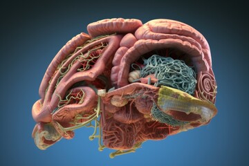 A 3D model of the human digestive system, from esophagus to intestines, for gastroenterological health education
