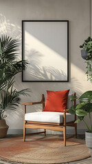Mockup poster blank frame hanging above a Lounge Chair in aliving room, modern interior minimalist style
